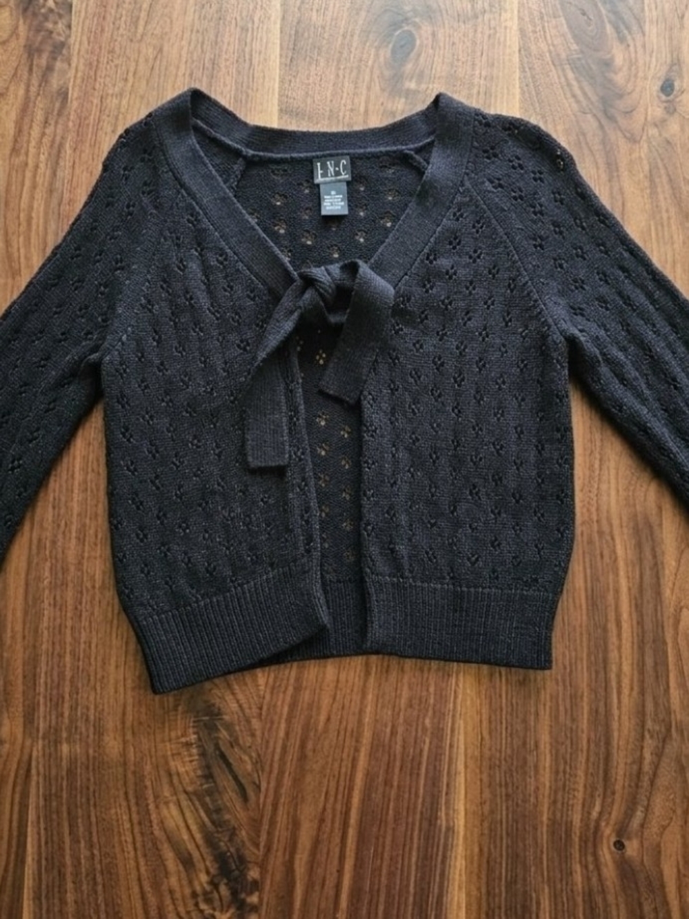 INC International Concepts Black Tie-Front Pointelle Cardigan
